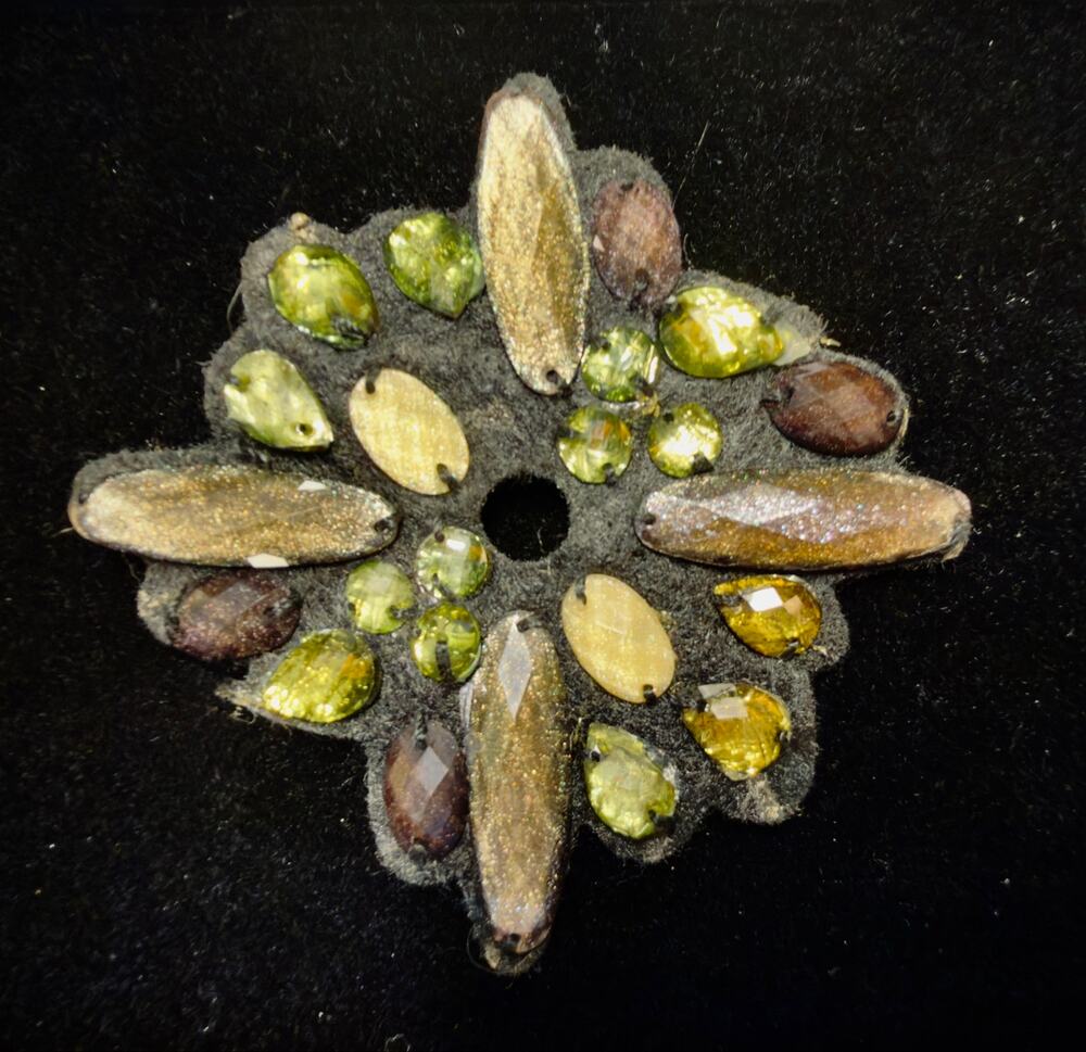 VTG Felt Flower Brooch Pin Green, Brown & Gold Rhinestone Floral Textile Art